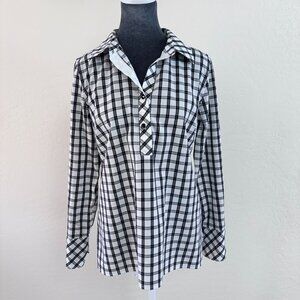 Talbots Non-Iron Popover Blouse - Black/White‎ Plaid - Size 6